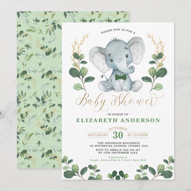 Little Man Elephant Greenerenery Gold Boy Baby Dus Einladung (Vorne/Hinten)