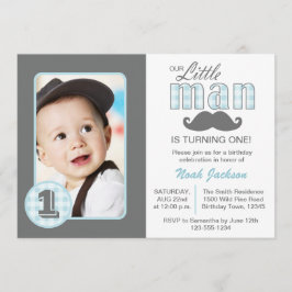 Little Man First Birthday Mustache Blue Gray Foto Einladung
