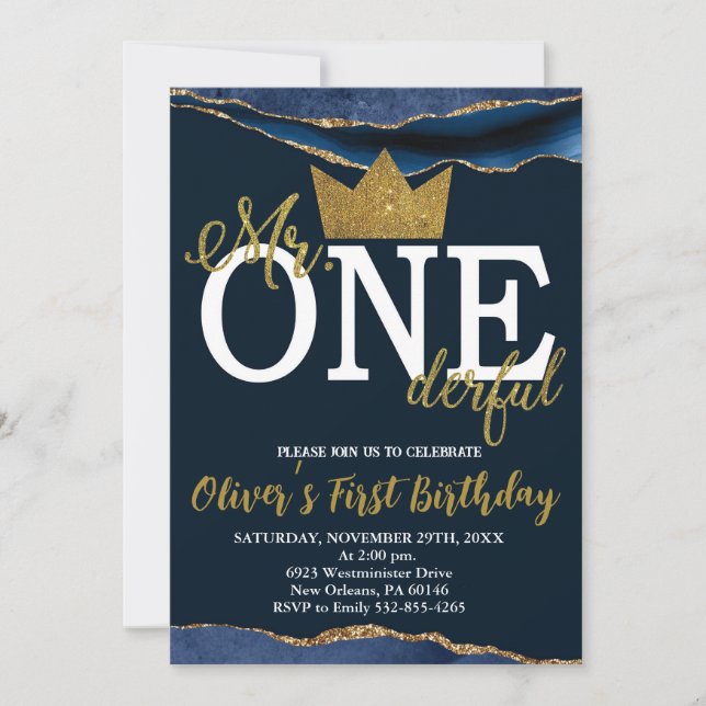 Little Man, Mr. One derful Birthday, Navy & Gold Einladung (Vorderseite)