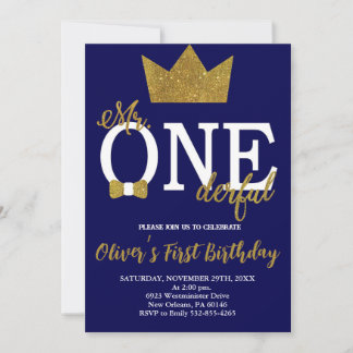 Little Man, Mr. One derful Birthday, Navy & Gold Einladung