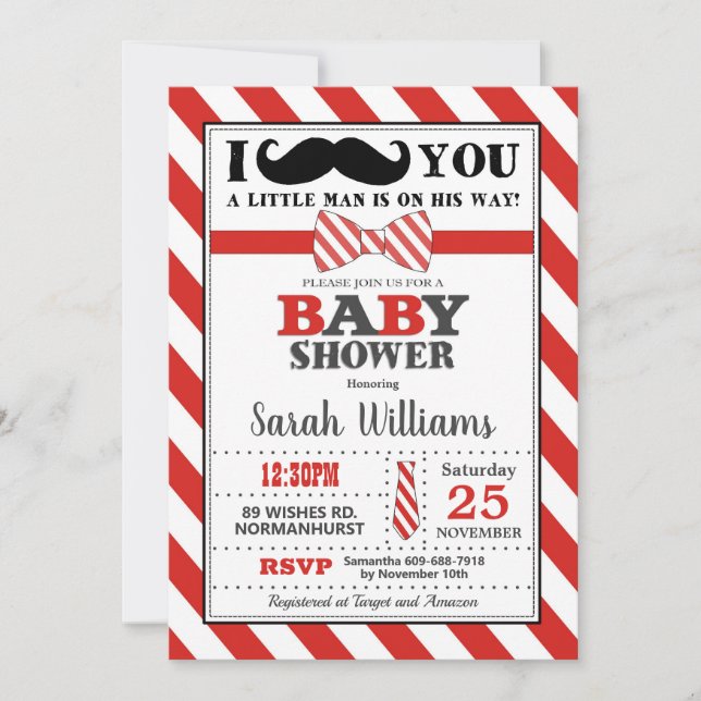Little Man Mustache Baby Shower Baby Boy Einladung (Vorderseite)