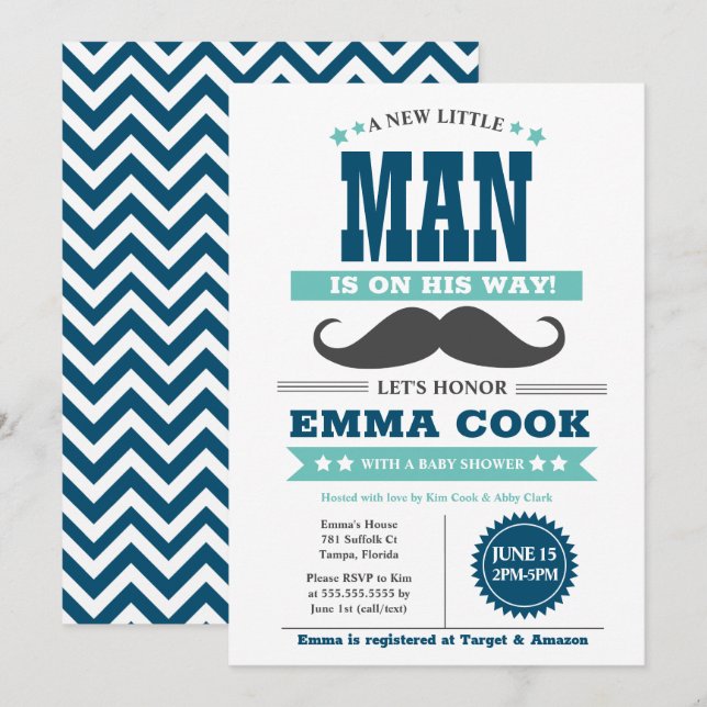 Little Man Mustache Bash Boy Baby Shower Einladung (Vorne/Hinten)