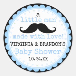 Little Man Mustache Blue Baby Shower Guest Fevor Runder Aufkleber