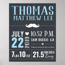 Little Man Mustache New Baby Boy Birth Stats
