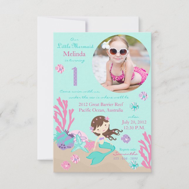 Little Mermaid Birthday Invitation Lt. Brünett 1 Einladung (Vorderseite)