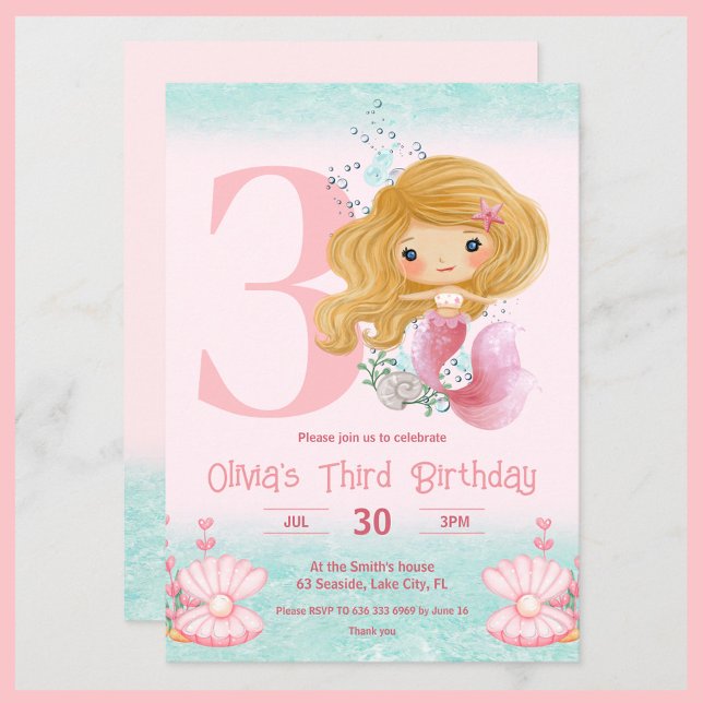 Little Mermaid Birthday Pink Einladung (Birthday invitation with a cute mermaid with blond hair for little girls)