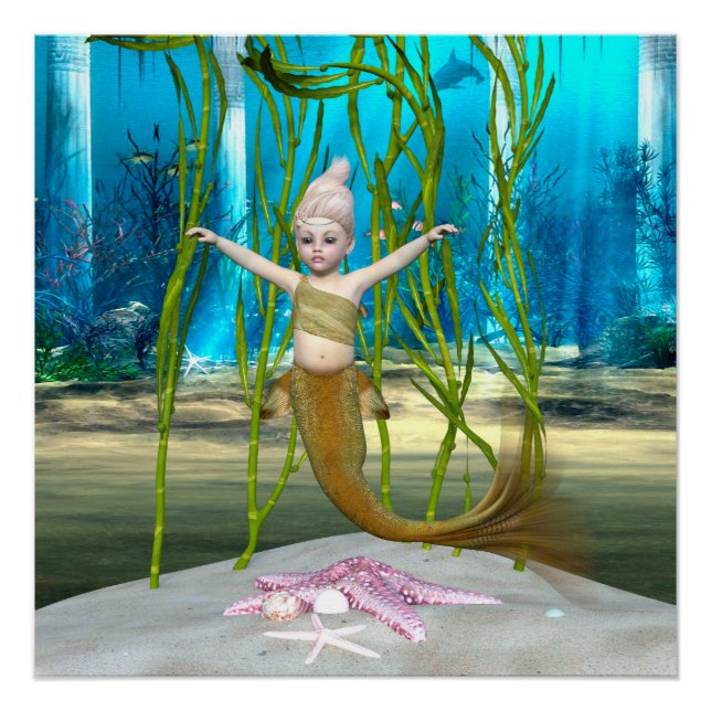 Little Mermaid Niedlich Fantasy Girl, Blue Ocean Poster (Vorderseite)
