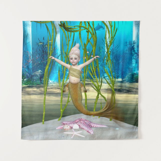Little Mermaid Niedlich Fantasy Girl, Blue Ocean Wandteppich (Vorderseite)