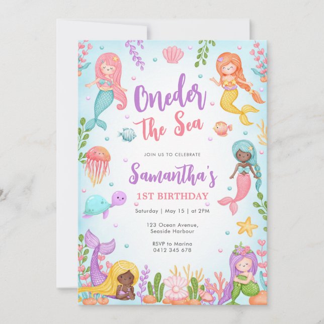 Little Mermaid Oneder The Sea 1st Birthday Einladung (Vorderseite)