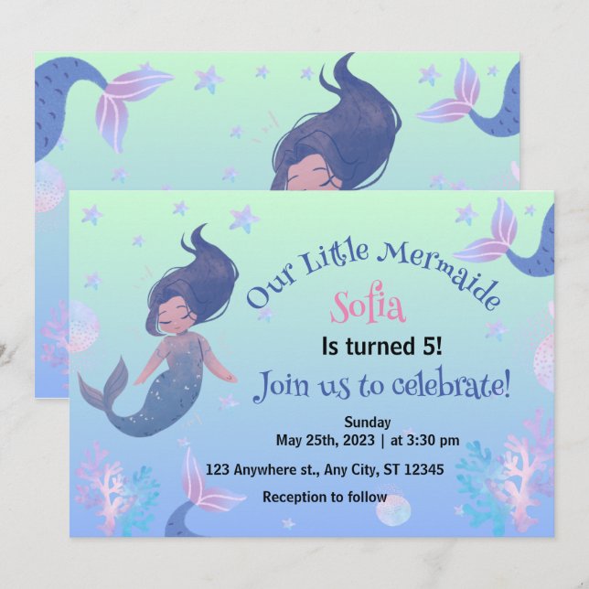 Little Mermaid Pink 5. Geburtstag Einladung (Vorne/Hinten)
