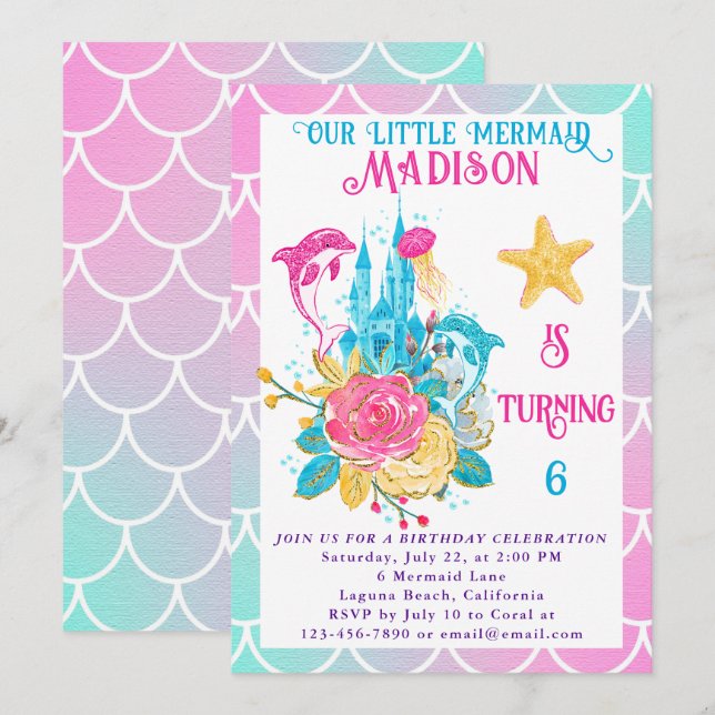 Little Mermaid Scale Pink Türkis White Geburtstag Einladung (Vorne/Hinten)