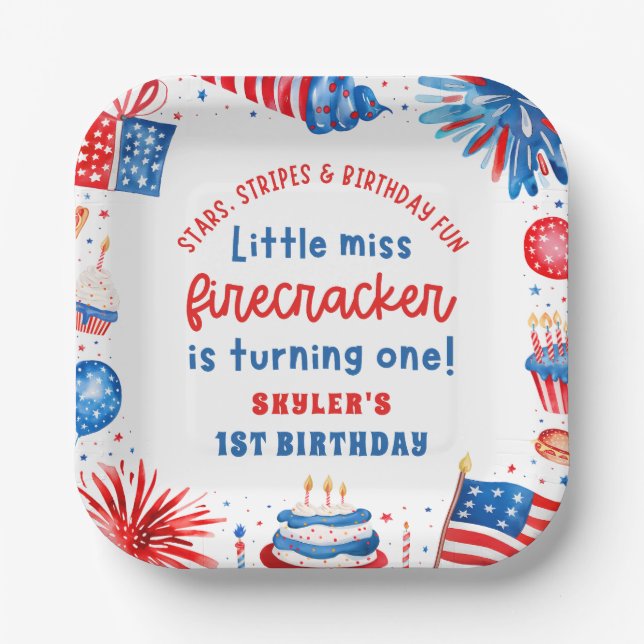 Little Miss Firecracker 4. Juli 1. Geburtstag Pappteller (Vorderseite)