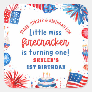 Little Miss Firecracker 4. Juli 1. Geburtstag Quadratischer Aufkleber
