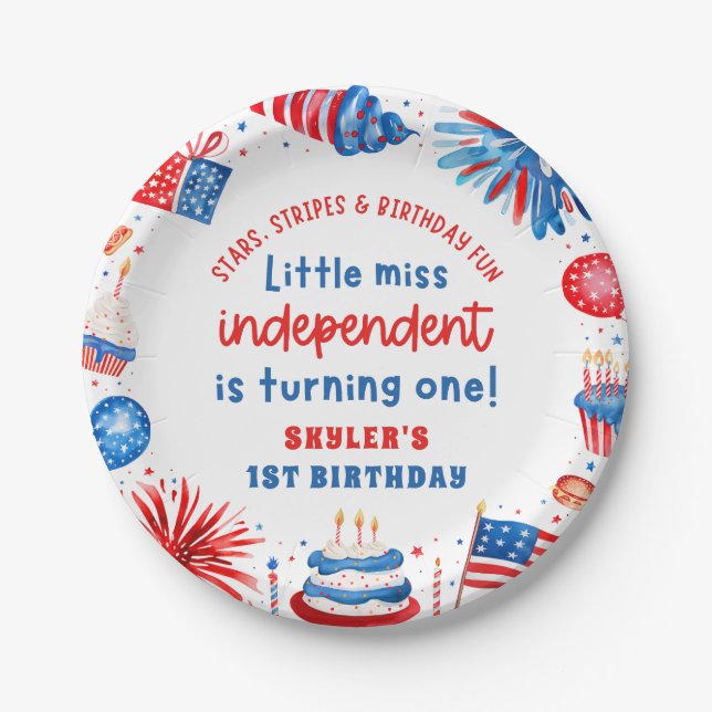 Little Miss Independent 4. Juli 1. Geburtstag Pappteller (Vorderseite)