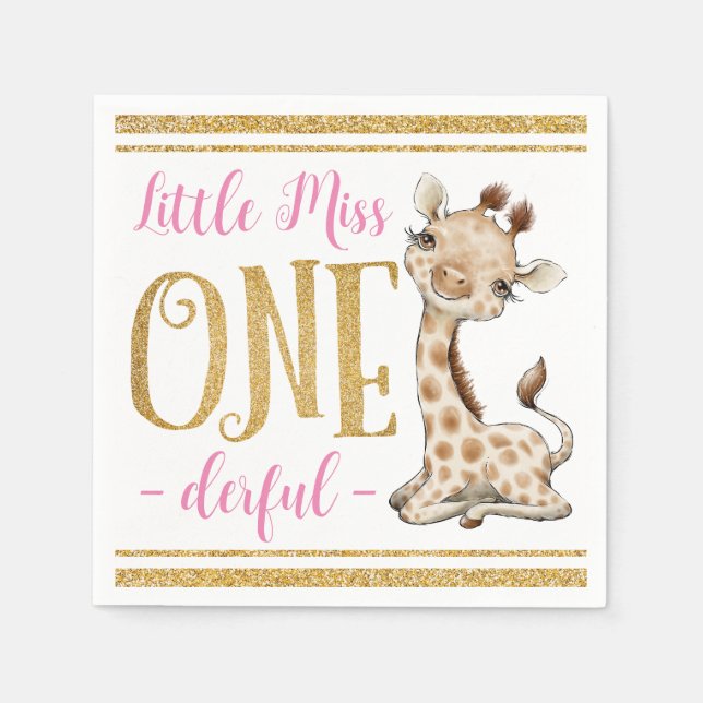 Little Miss One Derful Niedlich Giraffe 1. Geburts Serviette (Vorderseite)
