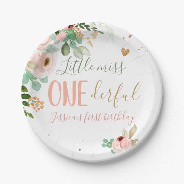 Little Miss Onederful Birthday Pink Girl Blume Pappteller (Vorderseite)
