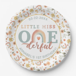 Little Miss Onederful Boho Rainbow Birthday Paper Pappteller