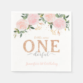 Little Miss Onederful Floral Pink Gold Napkins Serviette