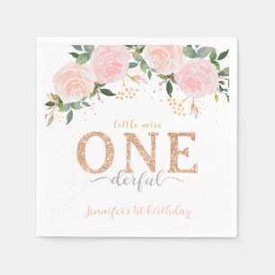Little Miss Onederful Floral Pink Gold Napkins Serviette