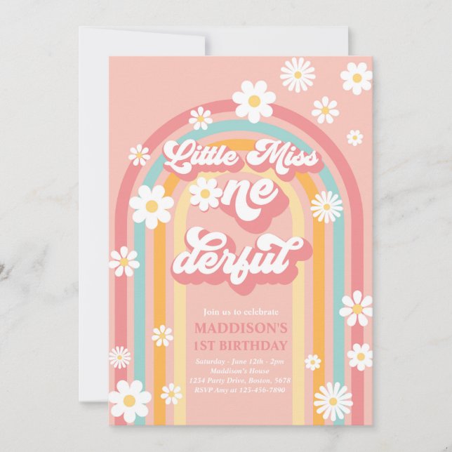Little Miss Onederful Groovy Rainbow 1. Geburtstag Einladung (Vorderseite)