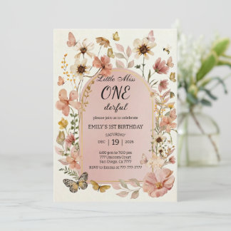 Little Miss ONEderful Pink Floral 1st Birthday Einladung