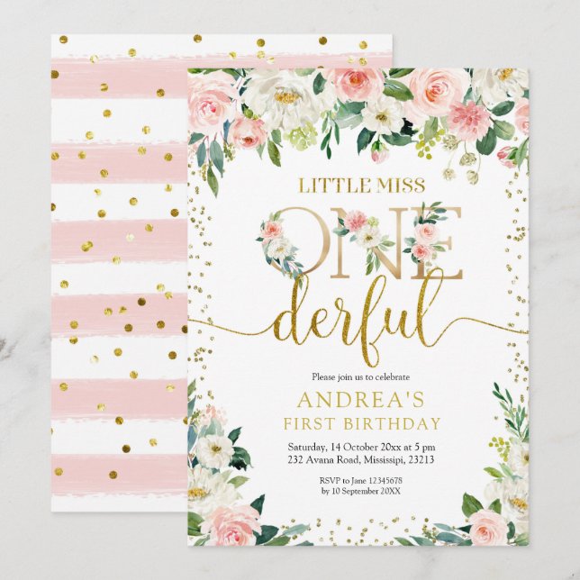 Little Miss Onederful Pink Floral Einladung (Vorne/Hinten)