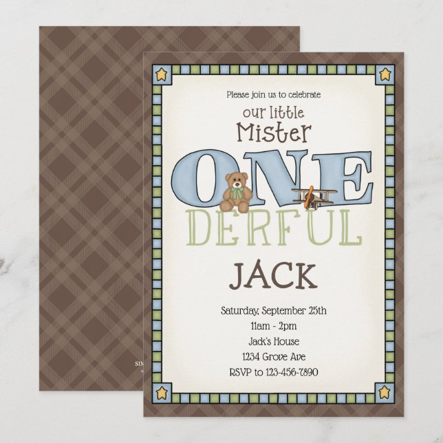 Little Mister ONE derful Birthday Invitation (Devant / Derrière)