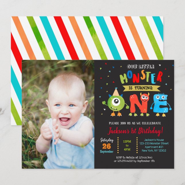 Little Monster 1er Anniversaire Fête Invitations g (Devant / Derrière)