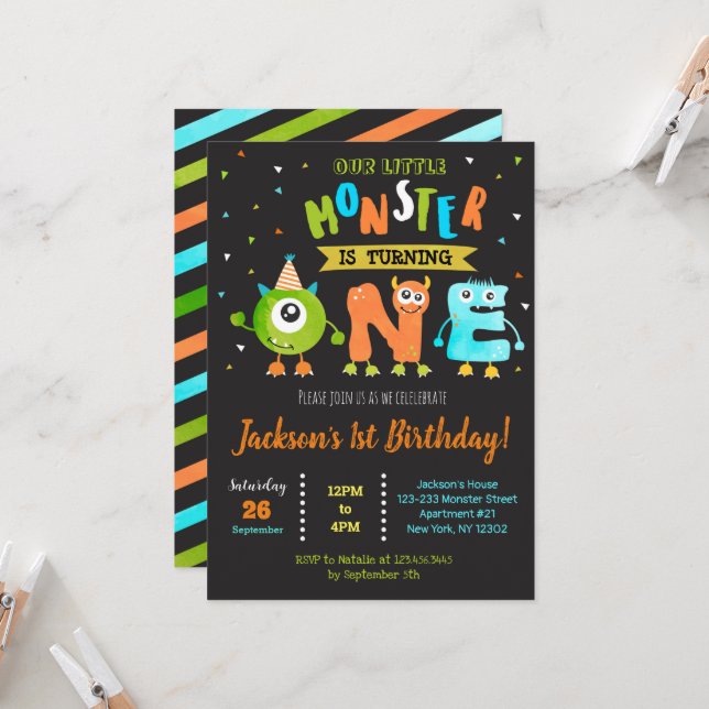 Little Monster 1er anniversaire fêtes Invitations  (Devant/Arrière en situation)