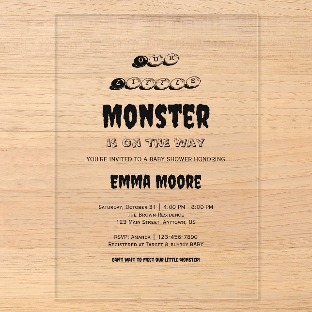 Little Monster Baby Shower Typography Design Acryleinladungen (Vorderseite)