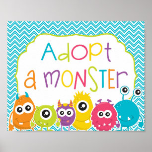 Little Monster Birthday Adopt a Monster Sign Poster