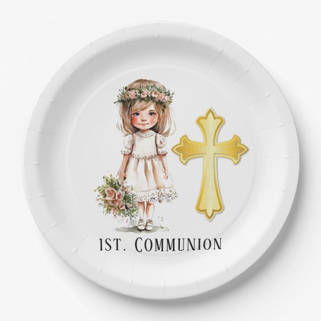 Little Niedlich Girl 1. Kommunion Pappteller (Vorderseite)