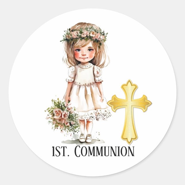Little Niedlich Girl 1. Kommunion Runder Aufkleber (Vorderseite)