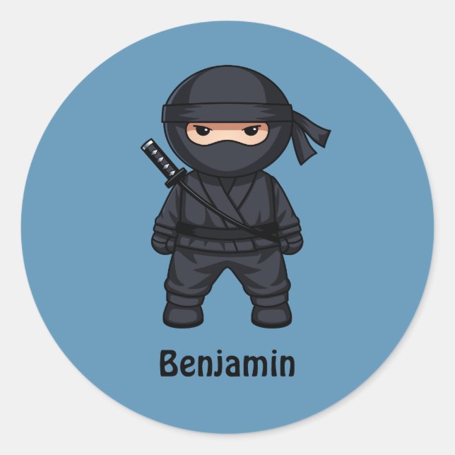 Little Ninja Warrior on Blue Runder Aufkleber (Vorderseite)