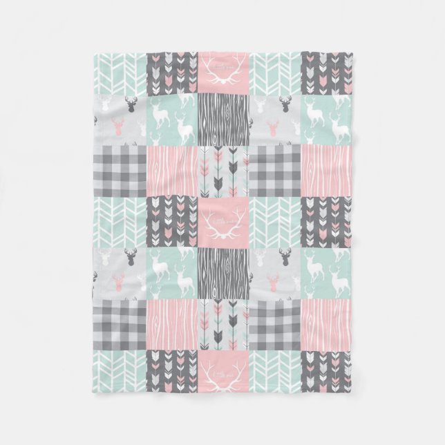 Little One Patchwork Deer - rosa, minze und grau Fleecedecke (Vorderseite)