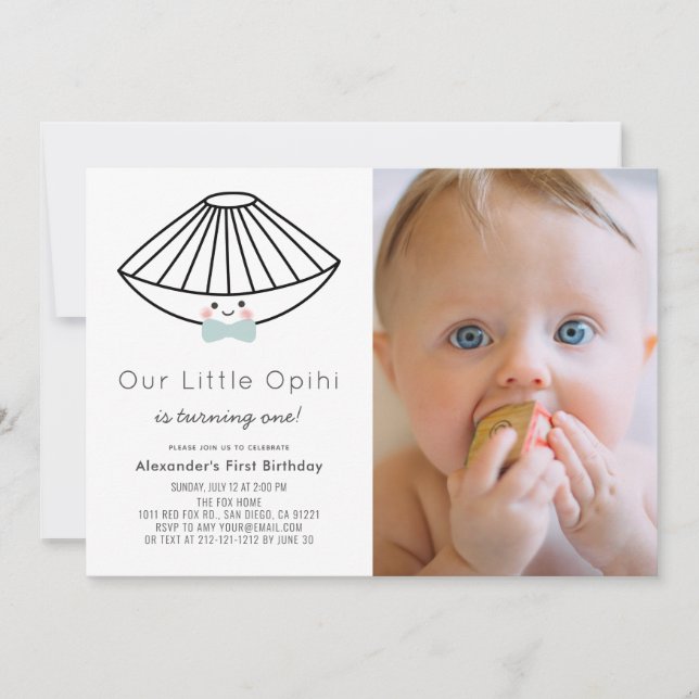 Little Opihi Blue Bow Krawatte Boy Foto 1. Geburts Einladung (Vorderseite)