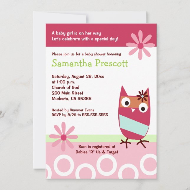 Little Owl Baby Shower Einladungen Baby Girl 12x18 (Vorderseite)