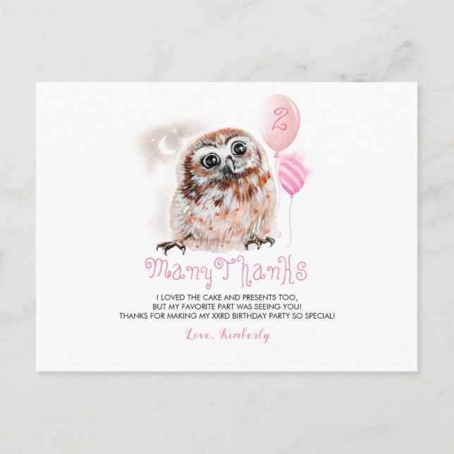 Little Owl Birthday Danke Postkarte (Vorderseite)