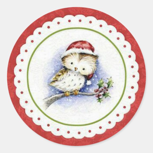 Little Owl mit Weihnachtskappe im Schneefall Runder Aufkleber (Vorderseite)