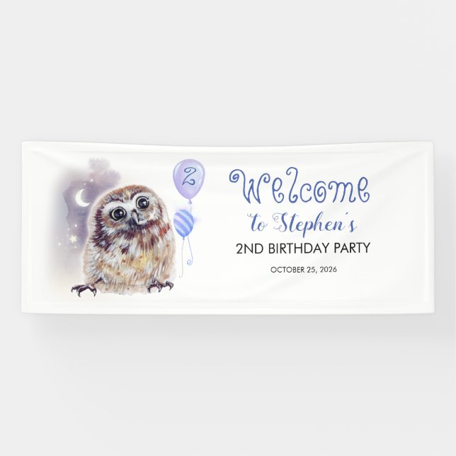 Little Owl Niedlich Blue Birthday Party Banner (Horizontal)