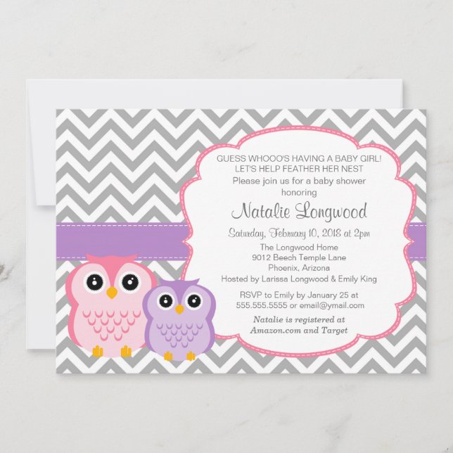 Little Owls Babydusche Einladung, Mädchen Einladung (Vorderseite)
