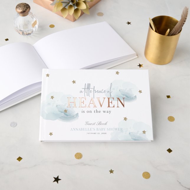 Little Peace of Heaven Blue Cloud Boy Baby Shower Gästebuch (Vorderseite Offen)