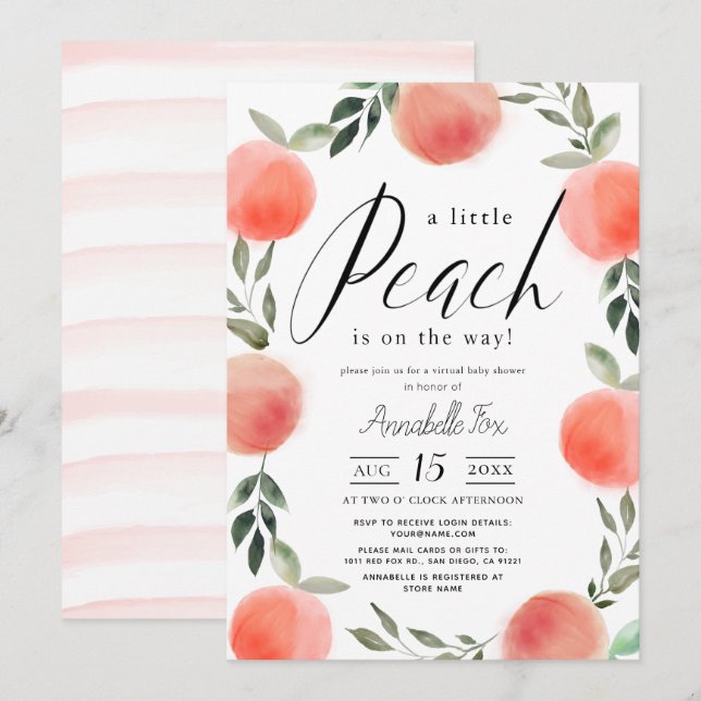Little Peach Watercolor Virtual Baby Dusche Einladung (Vorne/Hinten)