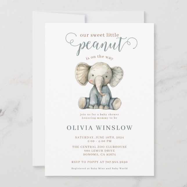 Little Peanut Blue Baby Elephant Baby Dusche Einladung (Vorderseite)