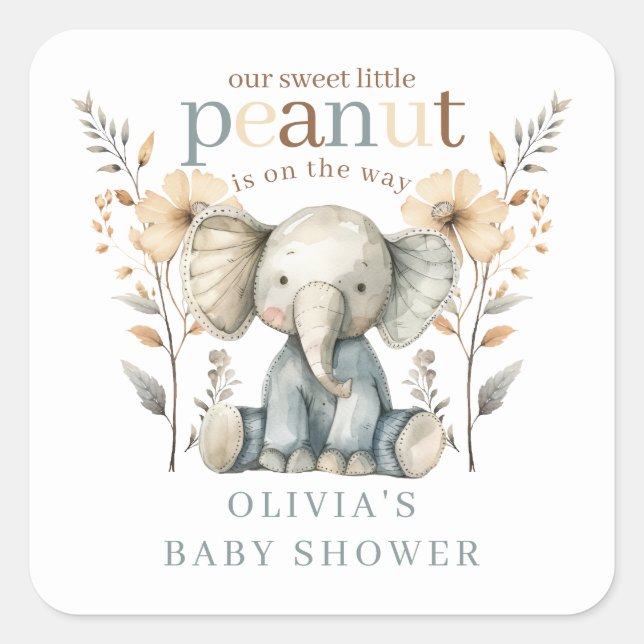 Little Peanut Blue Baby Elephant Baby Dusche Quadratischer Aufkleber (Vorderseite)