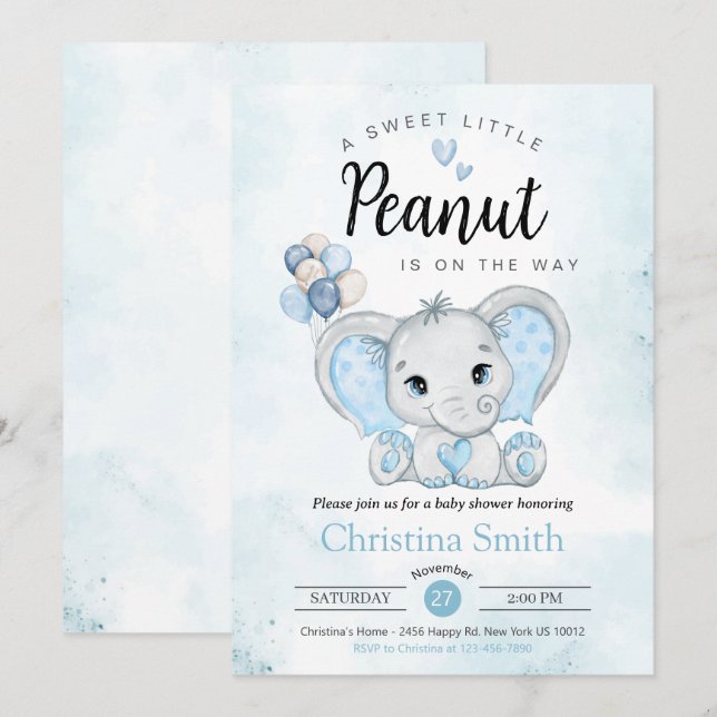 Little Peanut Blue Elephant Baby Boy Dusche Einladung (Vorne/Hinten)