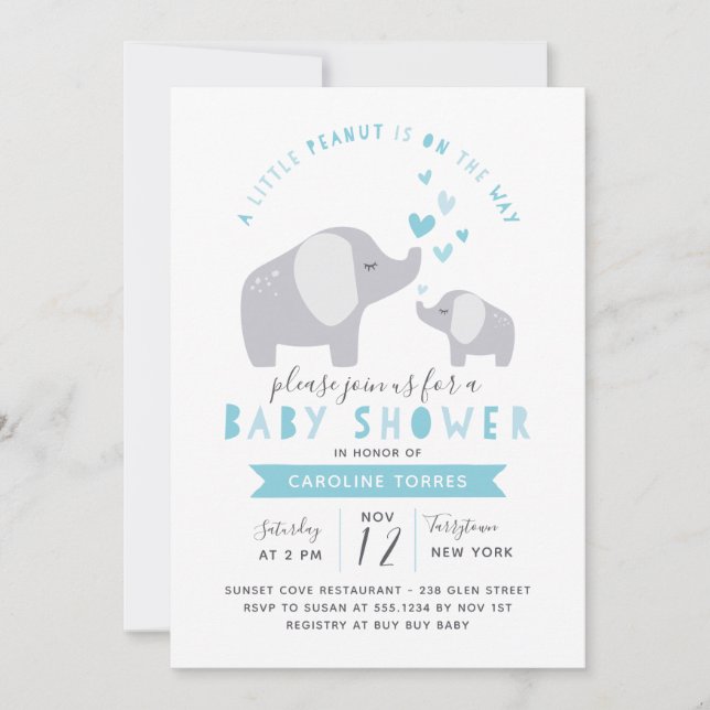 Little Peanut Elephant | Babydusche | Blau Einladung (Vorderseite)
