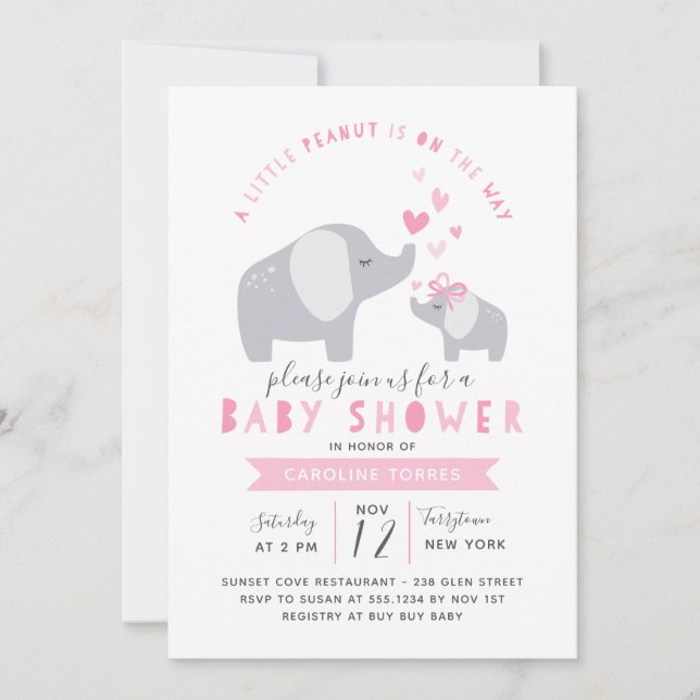 Little Peanut Elephant | Babydusche | Rosa Einladung (Vorderseite)