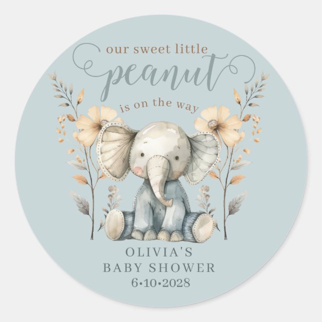 Little Peanut Elephant Blue Baby Dusche Runder Aufkleber (Vorderseite)