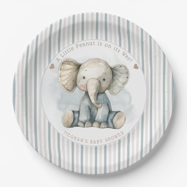 Little Peanut Elephant Blue Striping Baby Dusche Pappteller (Vorderseite)